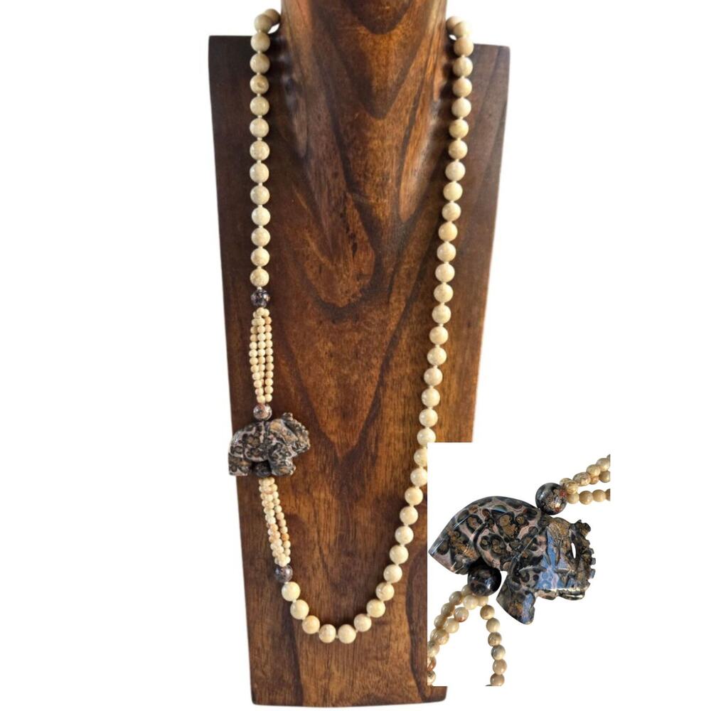 Vintage Pink Spotted Leopard Jasper Carved Elephant Beaded Necklace